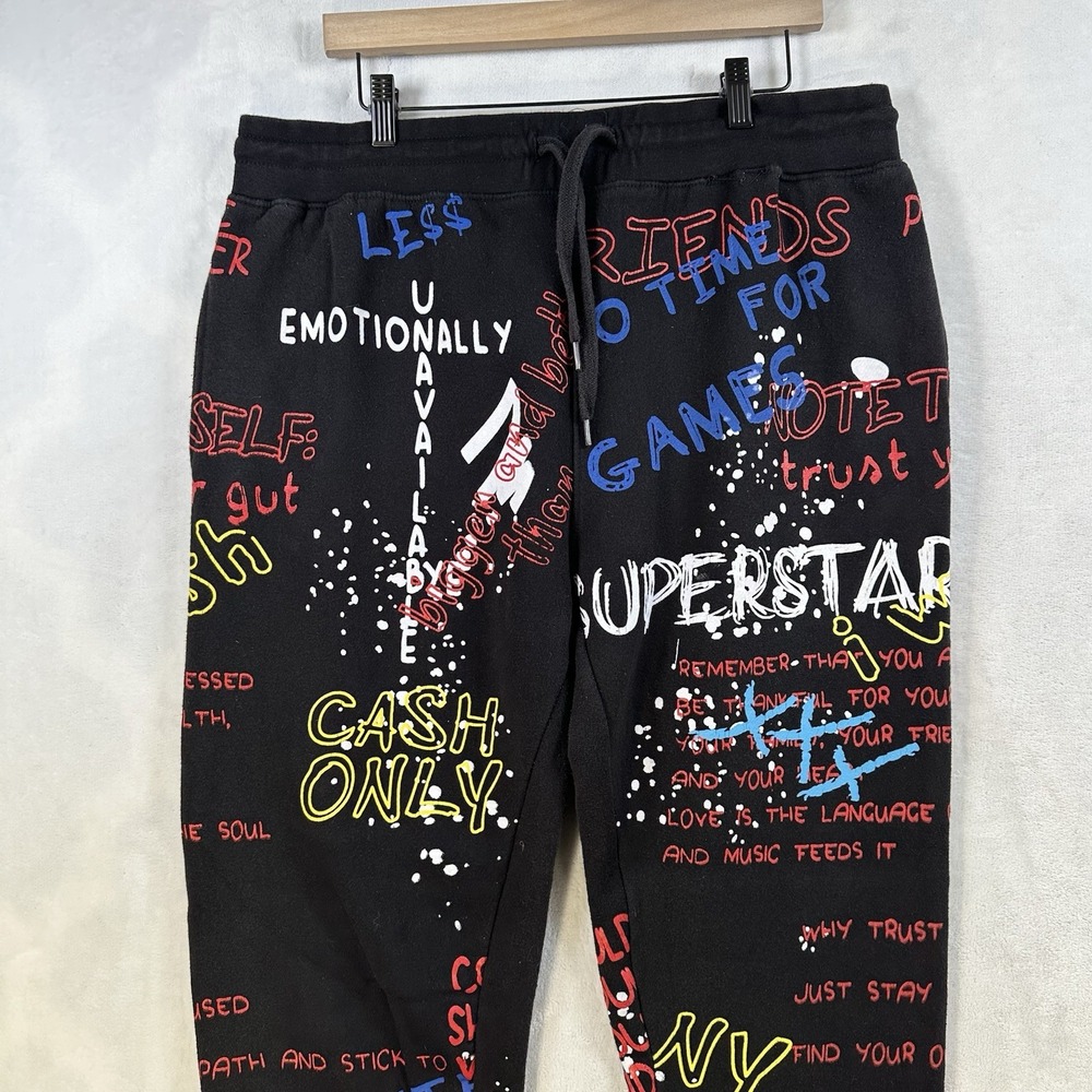 FWRD Denim 'Paint Me Down' Size 2XL Black Joggers All Over Print Drawstring